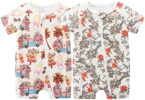 Unisex Summer Trendy 2-Pack Rompers Short Sleeve Zipped Bodysuit