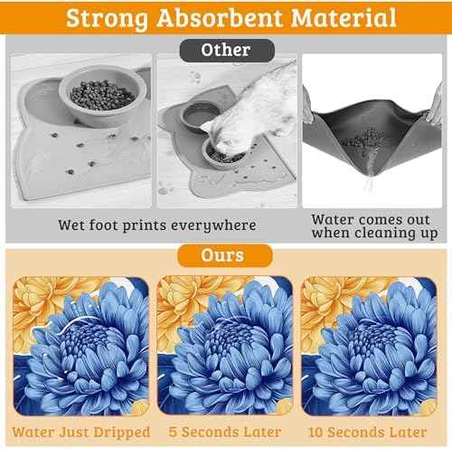 Blue Yellow Flowers Dog Food Mat, Absorbent Pet Feeding Mat for Food