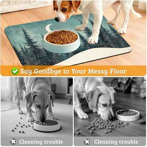 Pet Feeding Mat,Abstract Forest Absorbent Dog Cat Food Mat Moon Dog