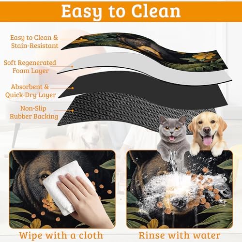 Brown Bear Dog Food Mat,Forest Absorbent Pet Feeding Mat for Food and