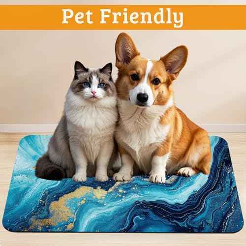 Dog Bowl Mat,Blue Gold Marble Pet Feeding Mat for Floors
