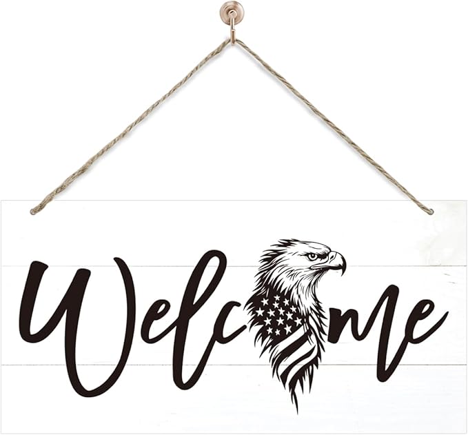 Welcome Sign for Front Door, Welcome Decor Wooden Hanging Sign, Patriotic Theme by corner+wind