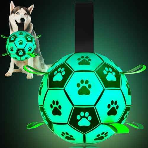 Glow in The Dark Dog Toys, 8'' Dog Soccer Ball with Straps Upgraded