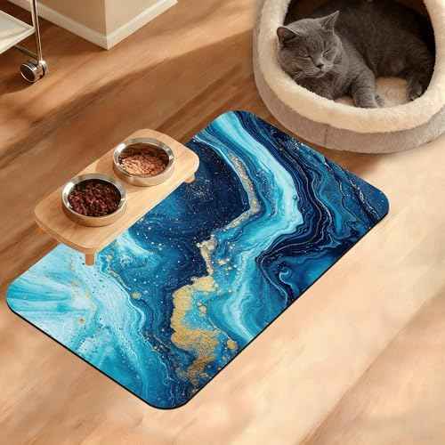 Dog Bowl Mat,Blue Gold Marble Pet Feeding Mat for Floors