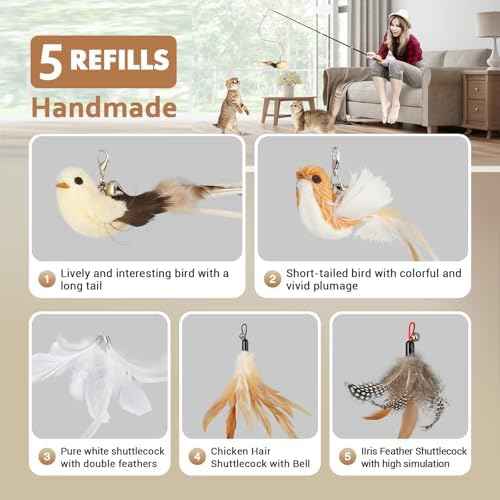 ROSAUI Cat Teaser Wand Toys, Interactive Bird Toys for Indoor Kittens