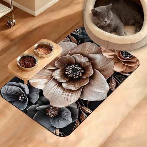 Black Brown Flower Feeding Mat,Artistic Absorbent Quick-Dry Cat Dog