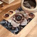Black Brown Flower Feeding Mat,Artistic Absorbent Quick-Dry Cat Dog