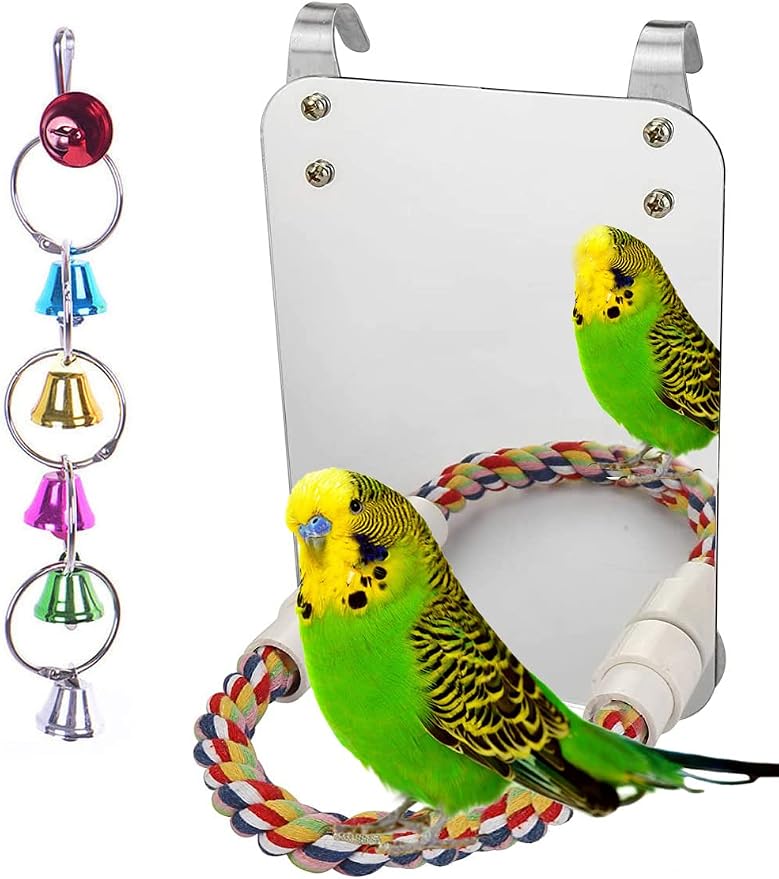 7" Bird Mirror with Rope Perch Bird Toys Swing, Comfy Perch by LOPERDEVE