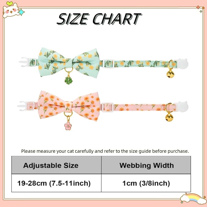2 Pack Floral Cat Collars with Bow Tie and Bell Adjustable Breakaway Bowtie - Image 6