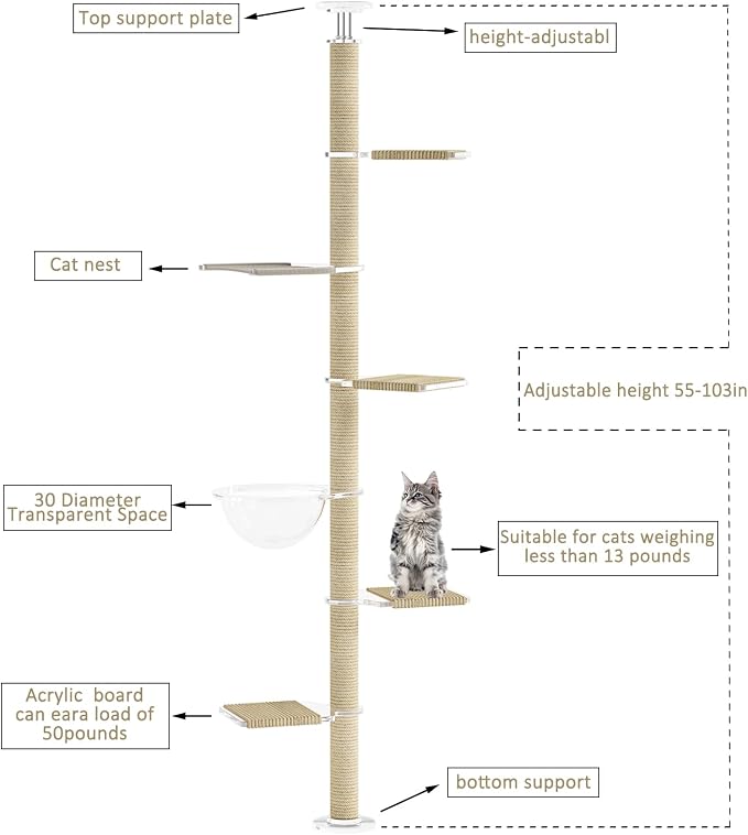Floor to Ceiling Cat Tree, Acrylic Top Support PlateTall Cat Tower Natural - Image 3