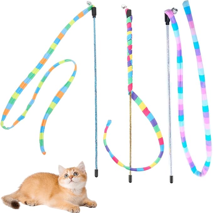KABASI 3PCS Interactive Cat Rainbow Wand Toys, Colorful Cats String Toy Teaser by KABASI