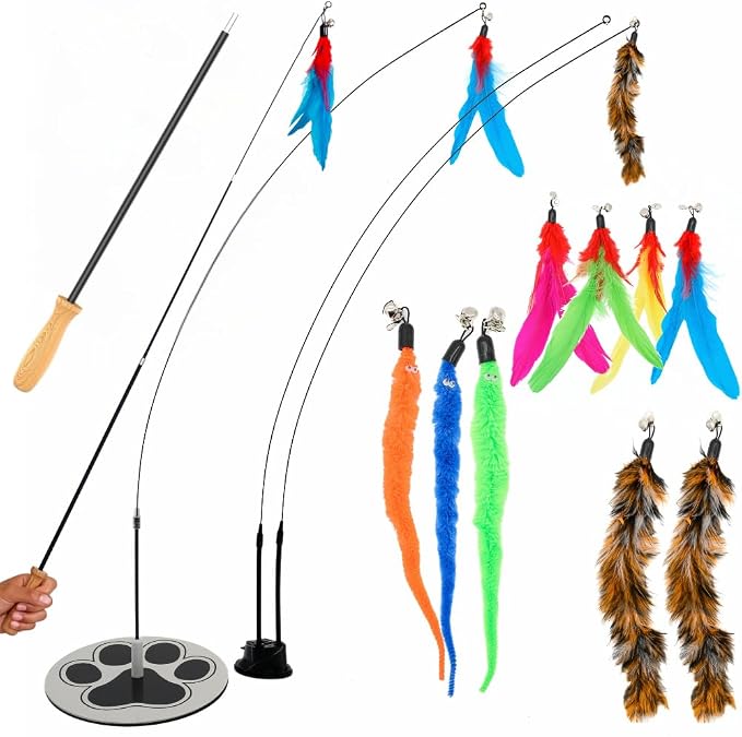 Cat Wand Toy Cat Fishing Pole Toy Cats Feather Toys Suction Cup by GADGETSOLOGY