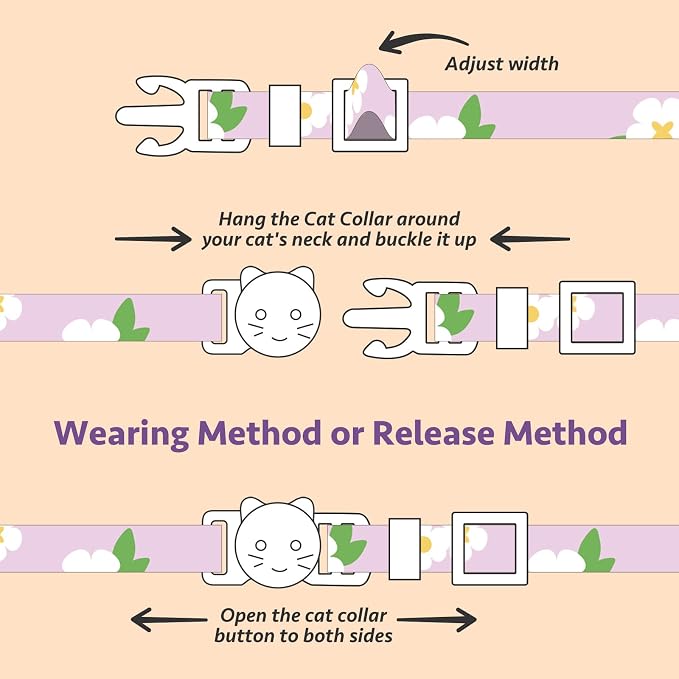 2 Pack Cotton Breakaway Cat Collar Purple and Pink Flowers Pendant Cute Kitten - Image 7