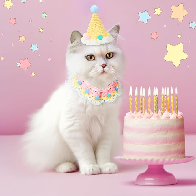 Sanwuta 2 Pcs Cat Birthday Party Supplies, Knit Cat Hat Kitten Birthday Bib - Image 5