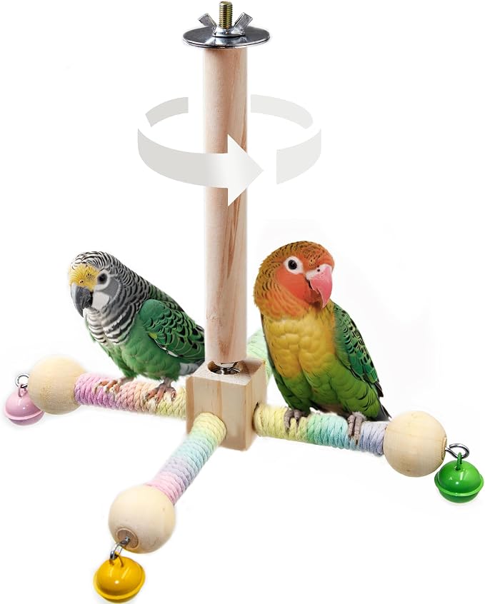 Bird Stand Perch Toy with Bells, Interactive Spinning Parakeet Toys, Wooden by Jevnd