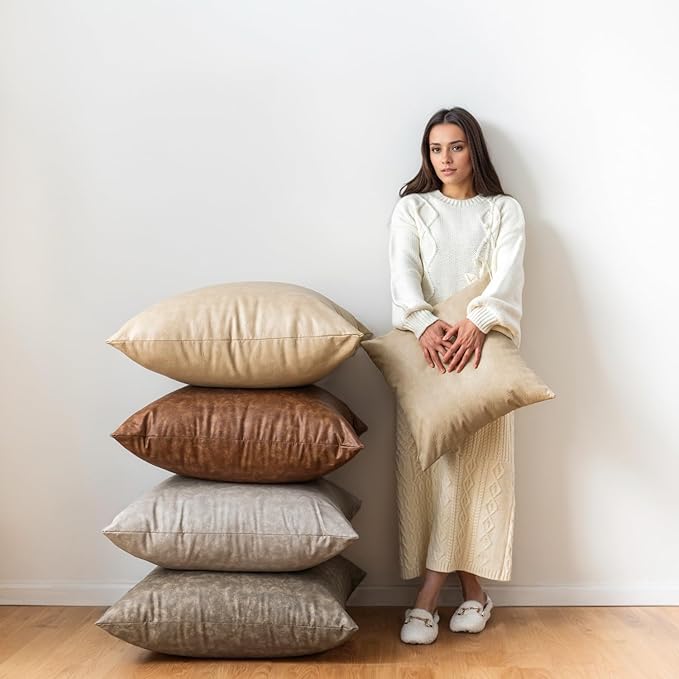 Pack of 2 Leather Throw Pillow Covers, Modern Boho Decorative Thickened - Image 5