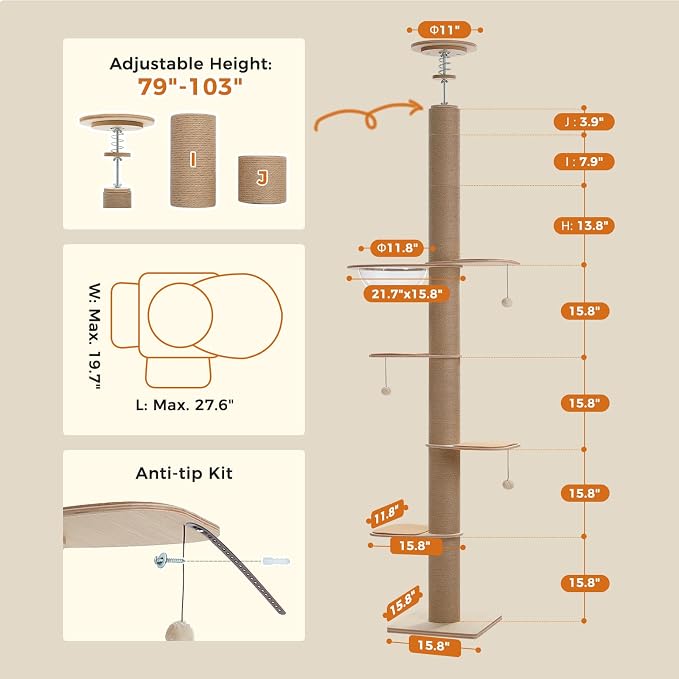 PETEPELA Floor to Ceiling Cat Tree, Adjustable Height Solid Wooden Tall Cat - Image 2