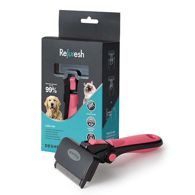 Deshedding Dog Brush for Long Hair – Gentle Deshedding tool for Dogs & Cats – by Refuresh