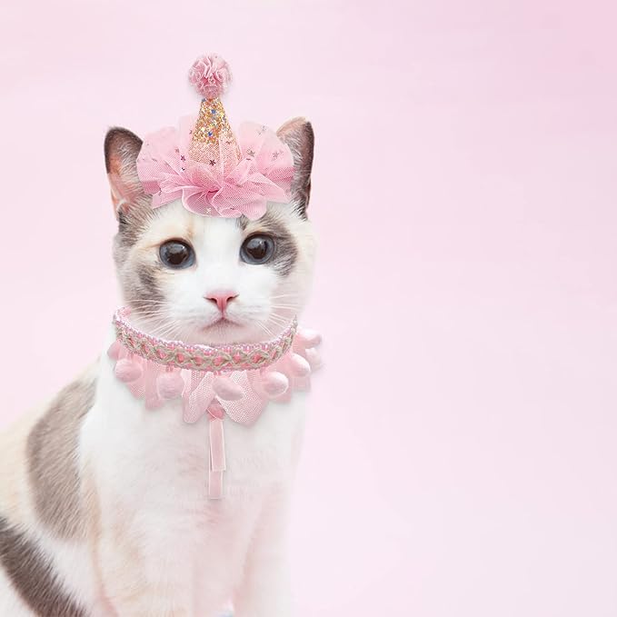 Birthday Hat Scarf Set for Pet Puppy Cat, Cute Lace Bandana Bib Scarf Crown Hat - Image 2