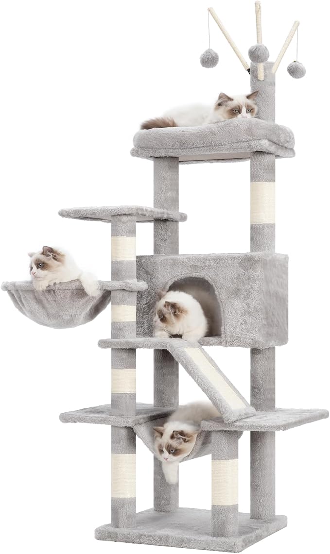 Cat Tree, Cat Condo with Cat Scratching Post and Board, Cat Hammock, Light Gray - Image 9
