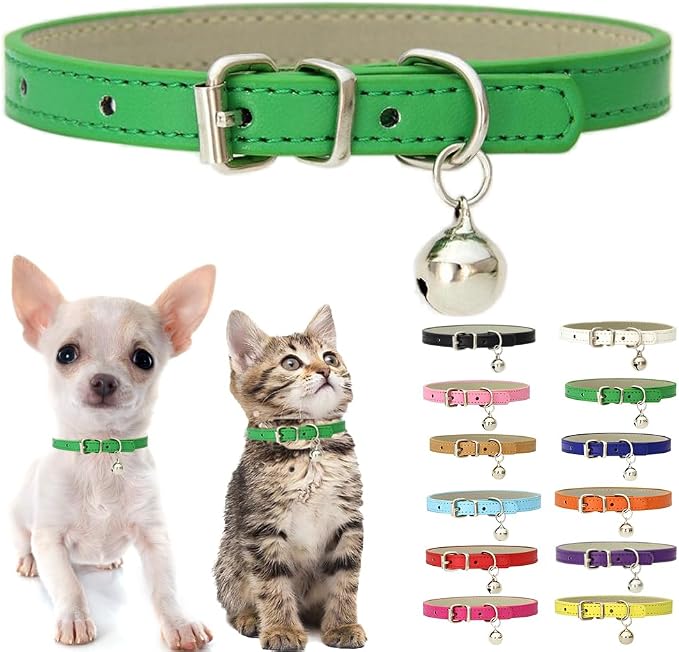 Green XS Dog Collar with Bell, Soft Pu Leather Cat Collars Adjustable Buckle by Weimostar