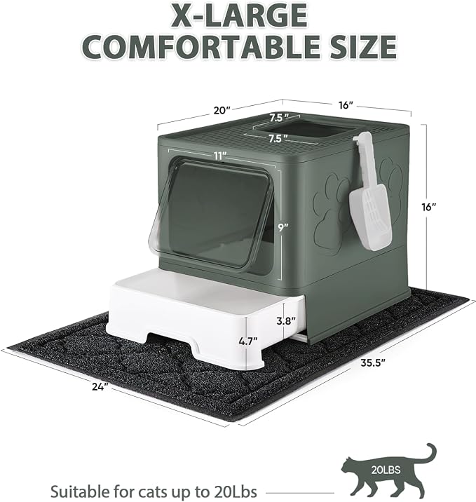 Cat Litter Box with X-Large Litter Mat and Scoop, Large Covered Litter Box with - Image 3