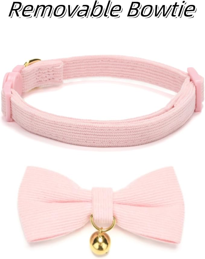 Soft Corduroy Cat Collar with Bell and Bowtie, Safety Breakaway Clasp, - Image 2