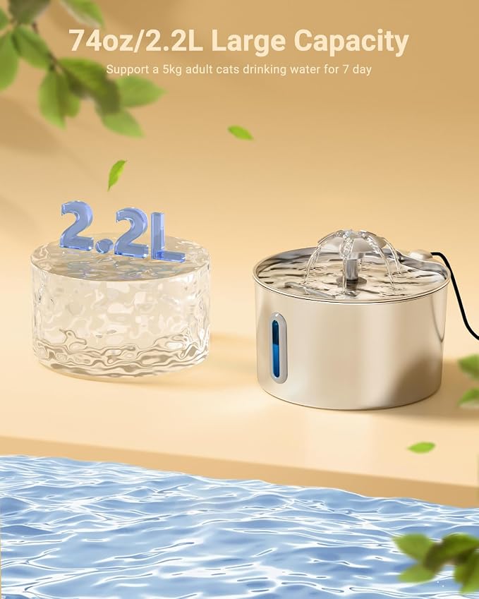 Cat Water Fountain Stainless Steel - 74oz/2.2L Corded Pet Water Dispenser - Image 2