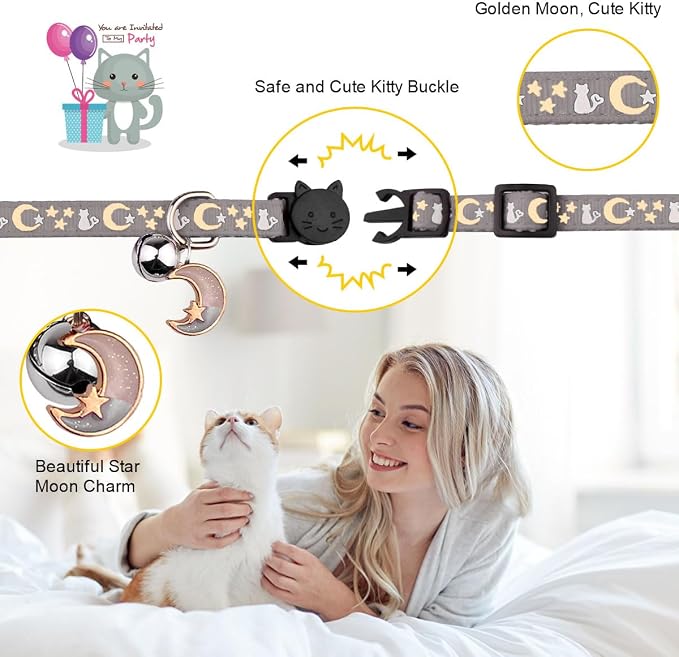 4PCS Cat Collar with Bells, Breakaway Cat Collars, Moons Stars Cute Kitty - Image 3