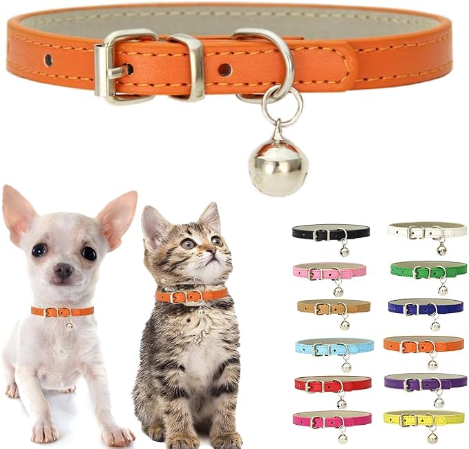 Orange XXS Kitten Collar with Bell, Soft Pu Leather Dog Collars Adjustable by Weimostar