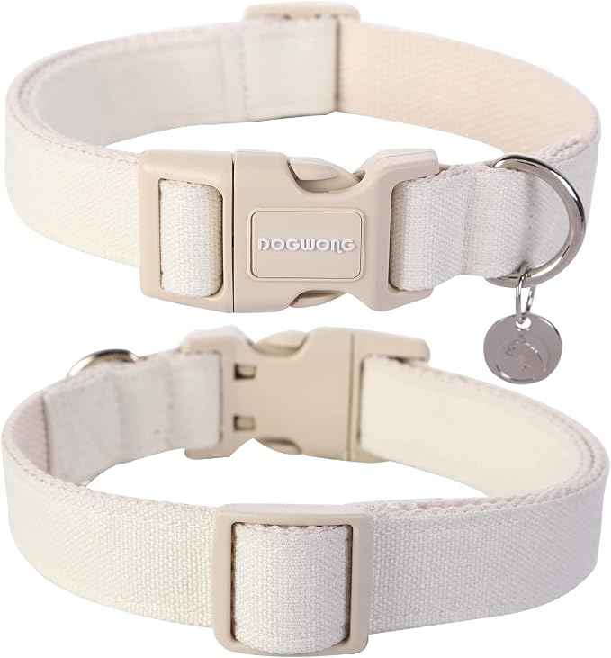 DOGWONG Cotton Hemp Dog Collar, Heavy-Duty White Dog Collar Adjustable Soft