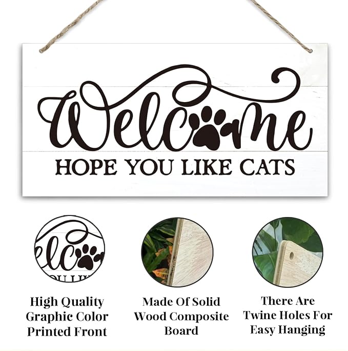 Welcome Sign for Front Door, Welcome Decor Wooden Hanging Sign for Cats Lover - Image 3