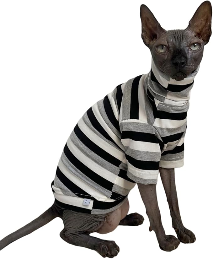 Vintage Stripes Sphynx Hairless Cats Shirt Cotton Cat Turtleneck Pet Clothes by Kitipcoo