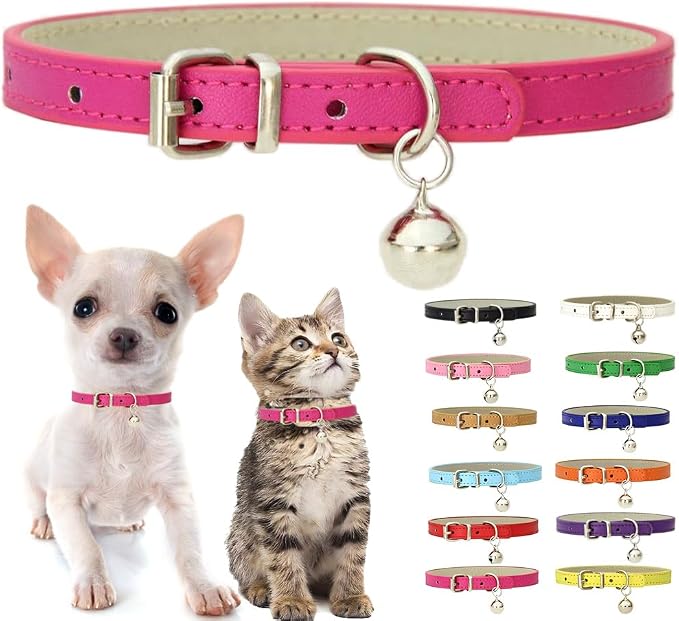 Hot Pink XXS Dog Collar with Bell, Soft Pu Leather Cat Collars Adjustable Buckle by Weimostar