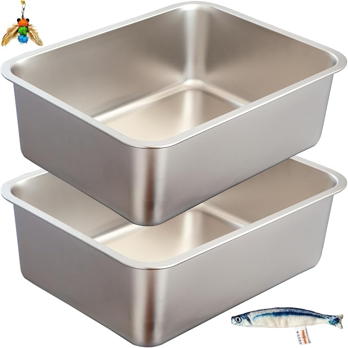 2-Pack Stainless Steel Cat Litter Boxes, Includes Catnip Fish Toy & Wand by miwooim