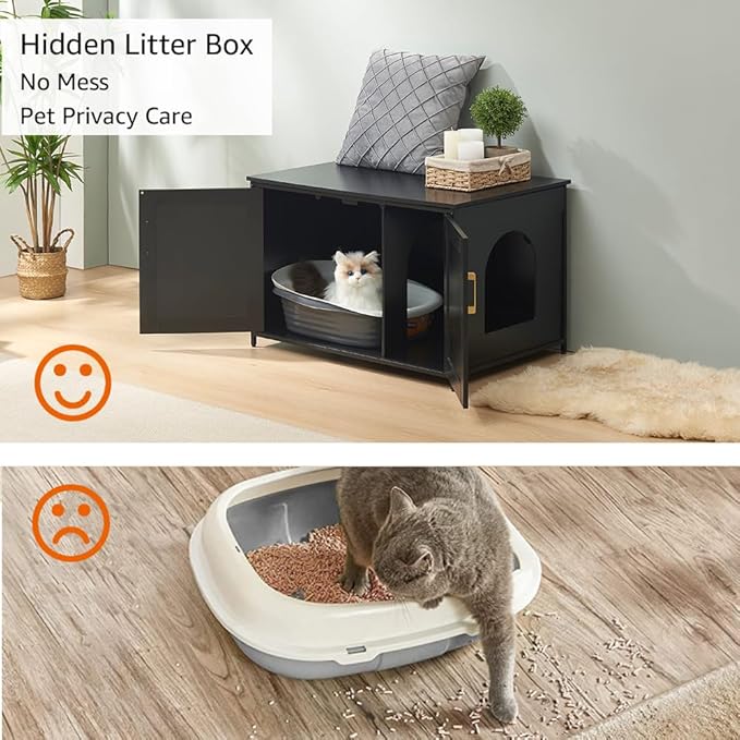 unipaws Black Top Opening Cat Litter Box Enclosure, Flip Top XL Extra Large Cat - Image 2