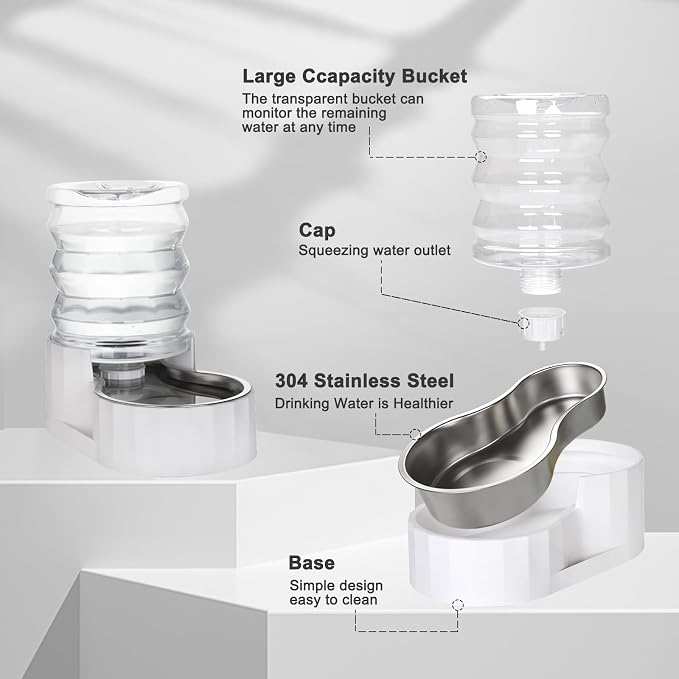 RIZZARI Gravity Water Bowl Dispenser: 4L White Stainless Steel Water Feeder - Image 3