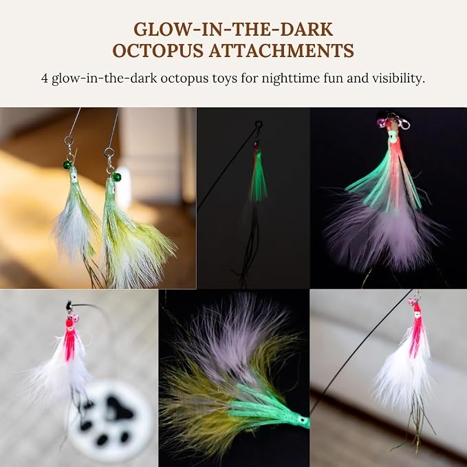 Cat Wand Toy with Round Base – Interactive Feather & Glow-in-The-Dark Octopus - Image 2