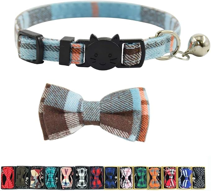 Cat Collar Breakaway with Bell and Bow Tie, Plaid Design Adjustable Safety by Ximipet