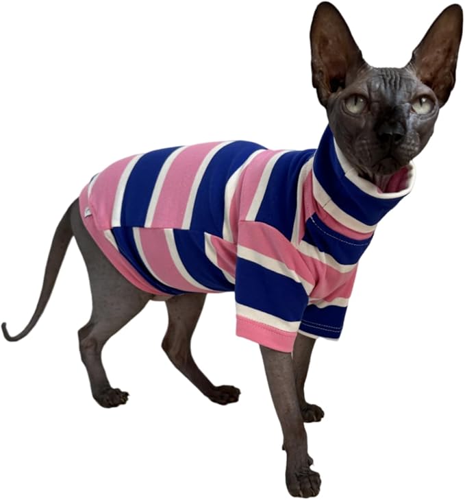 Vintage Stripes Sphynx Hairless Cats Shirt Cotton Cat Turtleneck Pet Clothes - Image 3