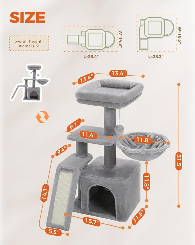 PETEPELA Small Cat Tree for Indoor Cats, Cozy Hammock and Removable Top Bed - Image 4
