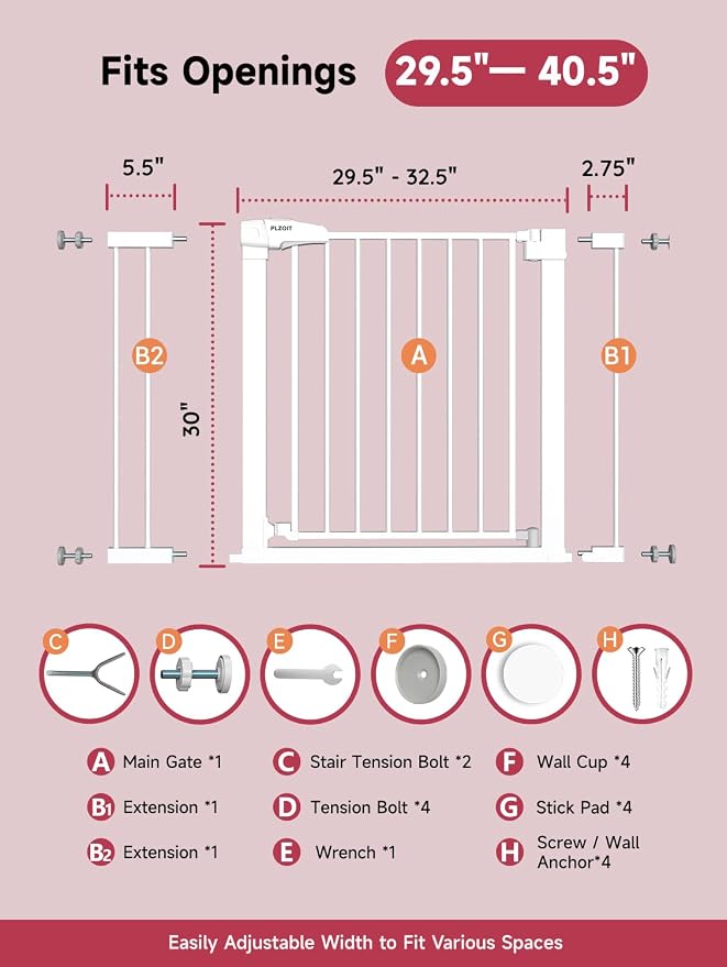 Baby Gate for Stairs, 29.5-40.5" Dog Gate for Doorways, Walk Thru Auto Close - Image 6