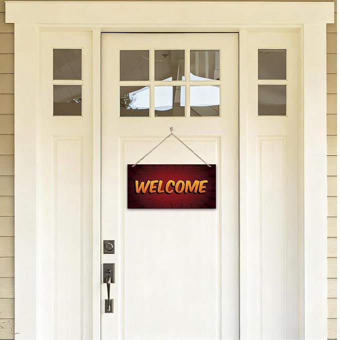 Welcome Sign for Front Door, Front Door Wooden Hanging Sign, Comic Style - Image 4