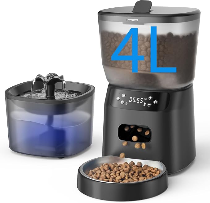 Automatic Cat Feeder and Water Fountain, 4L/16 Cups Timed Cat Dry Food Dispenser by CORGOTE