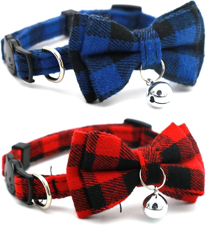 2-Pack Plaid Cat Collar with Bell and Bow, Breakaway Kitten Collar with Bell by YOUALSO