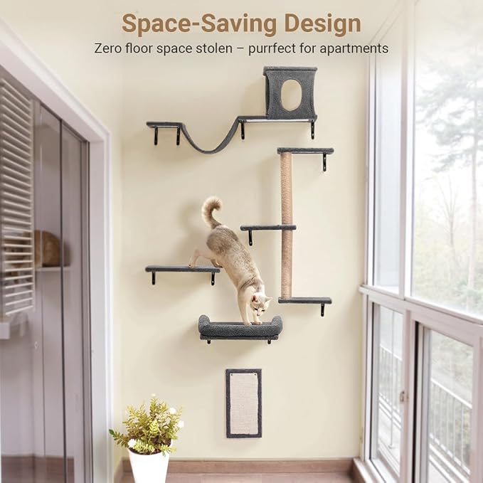 Cat Wall Shelves, 5-in-1 Cat Furniture Set, Wooden Cat Climber - Image 4