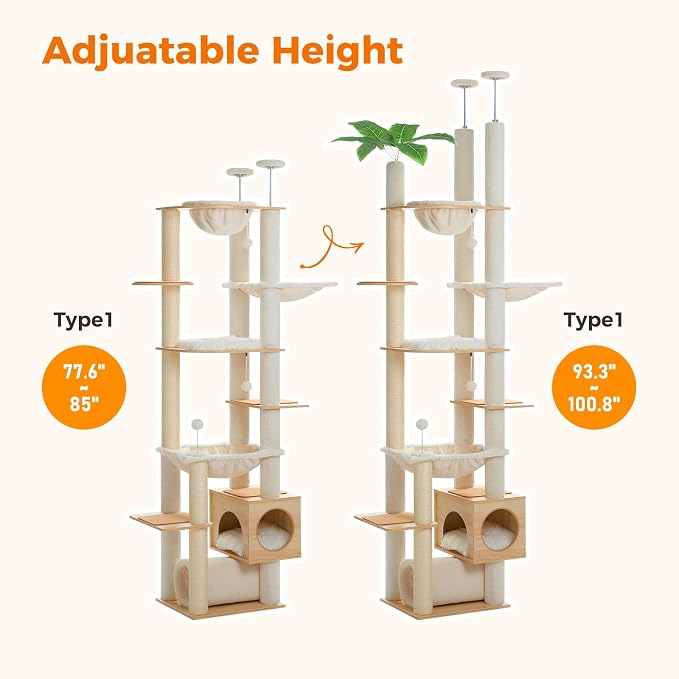 PETEPELA Floor to Ceiling Cat Tree, 93.3''-100.8'' Height Adjustable Wooden Cat - Image 4
