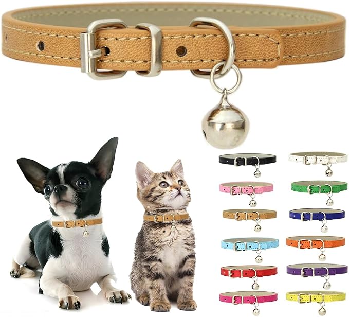 Khaki Puppy Collar with Bell, Soft Pu Leather Cat Collars Adjustable Buckle by Weimostar