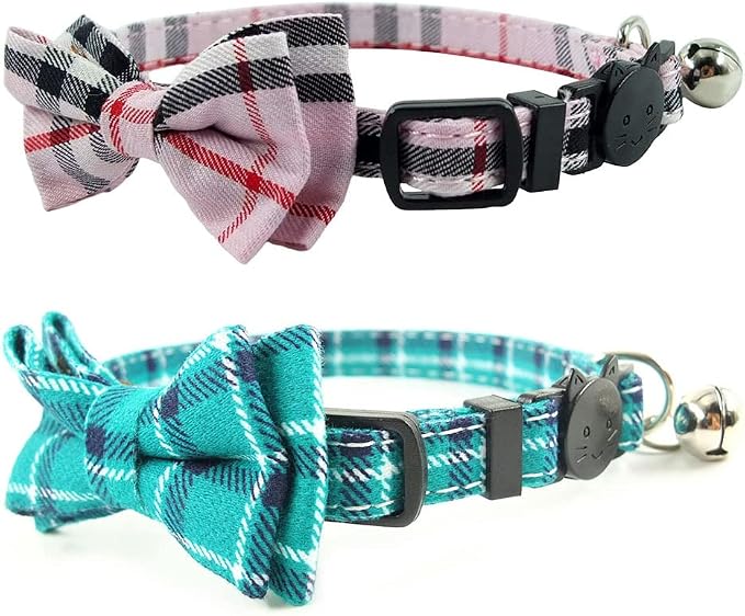 Cat Collar Breakaway with Bell and Bow Tie, Plaid Design Adjustable Safety by Ximipet