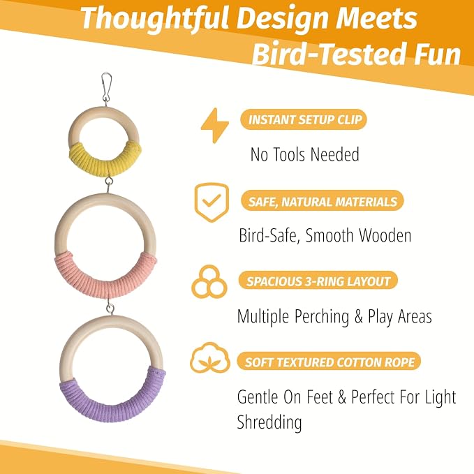 3-Ring Bird Wooden Swing Climbing Toy Chewable Cotton Rope Perch - Image 3
